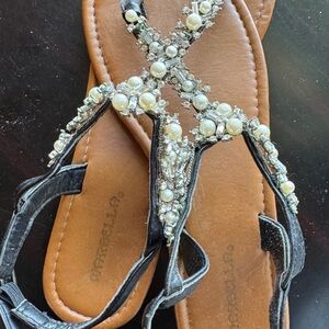 Capelli New York Pearl Embellished Black and Brown Sandals
